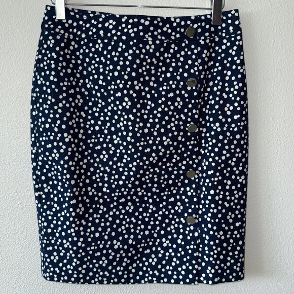 NWT Talbots Blue‎ White Polka Dots Faux Wrap Skirt Silver Buttons Size 2P - Picture 1 of 8